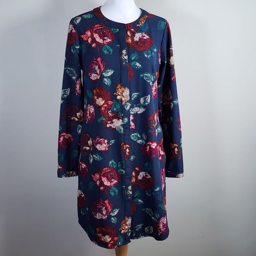Merona Floral Shirt Dress Womens Small Blue Rose Long Sleeve Mod Dark Academia
